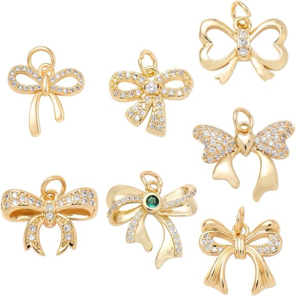 14Pcs 7 Styles 18K Gold Plated Charms Cubic Zirconia Tie Charms Metal Small Bowknot for DIY