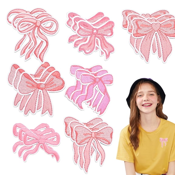 14Pcs 7 Styles Computerized Embroidery Cloth Iron on/Sew on Patches Costume Accessories Appliques Bowknot Pink 40-66x48-65x1.5mm 2pcs/style