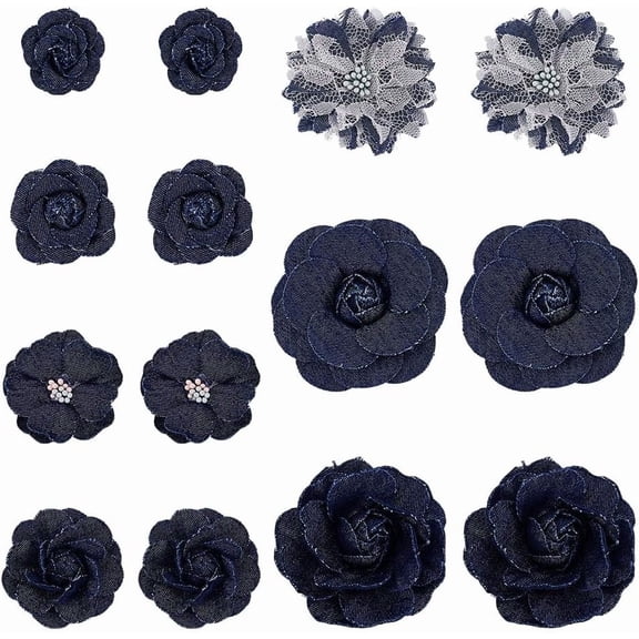 14Pcs 7 Styles Denim Fabric Flower Camelia Sewing Flowers Prussian Blue Flower Cloth 3D Flowers Fabric