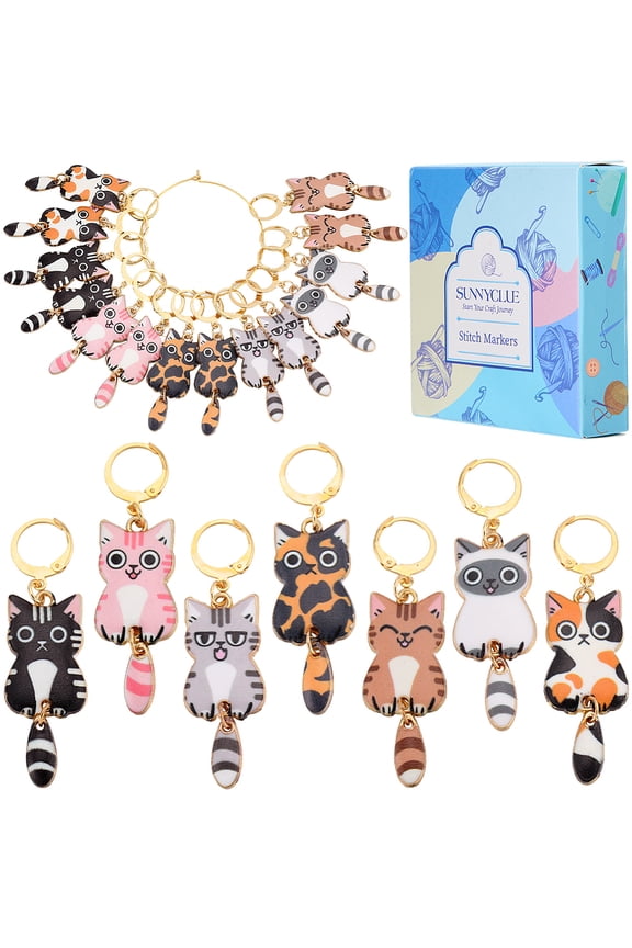 14Pcs 7 Styles Knit Stitch Marker Charm Cat Crochet Markers Cute Enamel Alloy Small Locking Stitch Marker Planner Charms
