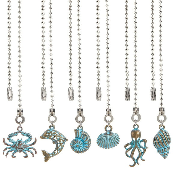 14Pcs 7 Styles Marine Organism Alloy Charms Ceiling Fan Pull Chain Extenders with Iron Ball Chain Antique Bronze & Green Patina 336~348mm 2pcs/style