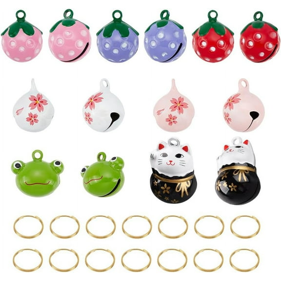 14Pcs 7 Styles Pet Collar Bells Brass Cherry Panda Frog Strawberry Charm Cat Collar Bell Pet Pendant Accessories Double Loops Jump Rings