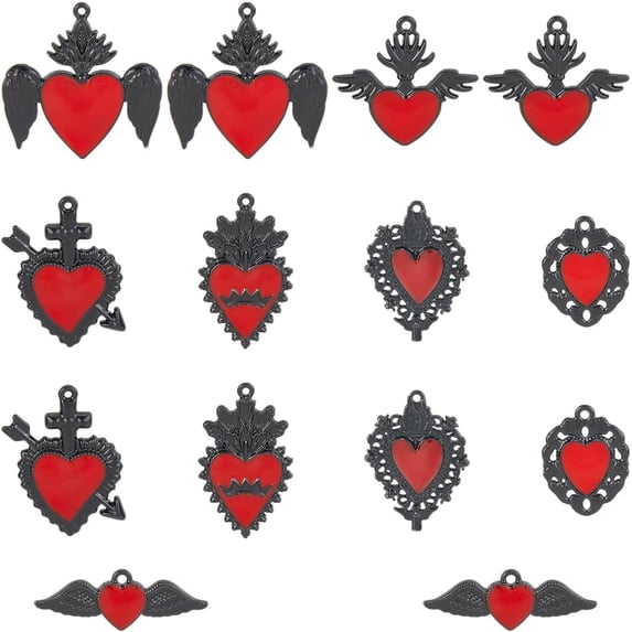 14Pcs 7 Styles Rack Plating Alloy Enamel Pendants Cadmium Free & Nickel Free & Lead Free Heart Black 11.5~38.5x22.5~37.5x2~3.5mm Hole: 1.5~2mm 2pcs/set