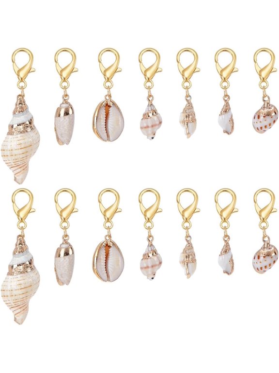 14Pcs 7 Styles Shell Pendant Natural Cowrie Conch Shells Large Charm Pendants with Gold Lobster Claw Clasps Summer Ocean Sea Charm for Jewelry Making DIY Bracelet Earring Accessories Golden