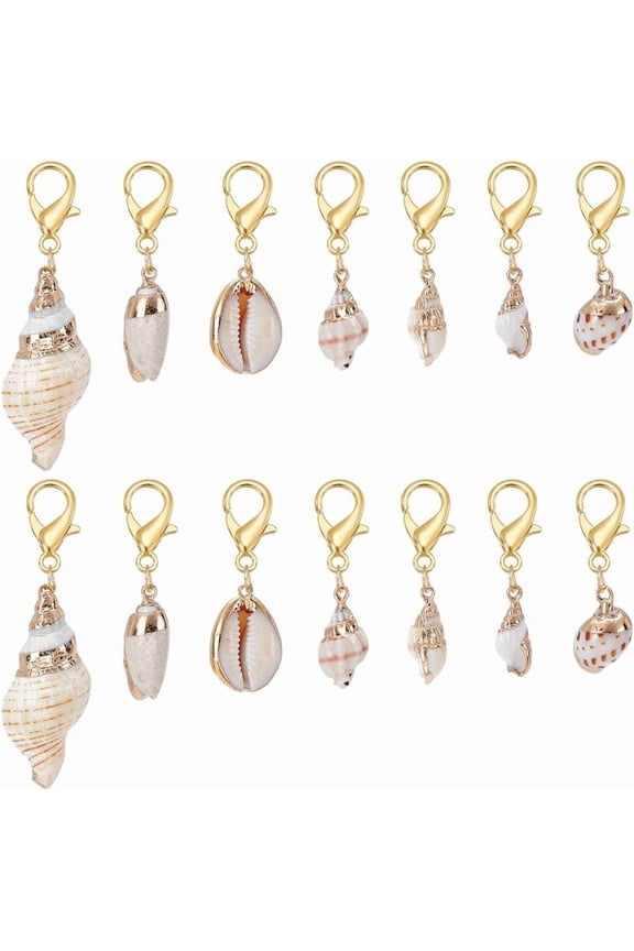 14Pcs 7 Styles Shell Pendant Natural Cowrie Conch Shells Large Charm Pendants with Gold Lobster Claw Clasps Summer Ocean Sea Charm