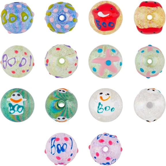 14Pcs 7 Styles Transparent Crackle Acrylic Round Beads Halloween Ghost Beads Mixed Color Charms Bulk Cute Spacer Beads Earrings Necklaces Bracelets Charms 19.5x20.5mm