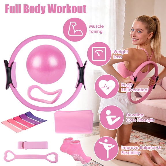 14Pcs All-in-One Pilates Kit, Pilates Ring Yoga Ball Resistance Bands Set with Carry Bag, Full Body Workout Equipment for Home Gym Travel
