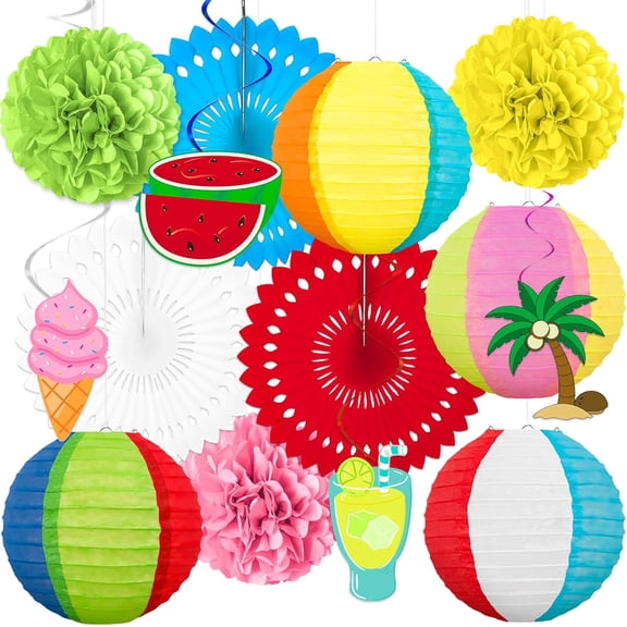 14Pcs Beach Party Decorations Paper Lanterns Fans Pom Poms Hanging Swirls - Luau Pool Summer Hawaiian Tropical Themed Decor for Home Birthday Outdoor Indoor