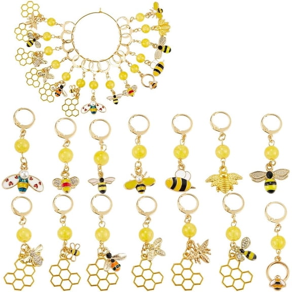 14Pcs Bees Alloy Enamel & Rhinestone Pendant Locking Stitch Markers with Glass Beads 304 Stainless Steel Leverback Earring Findings Golden 4.3~5.5cm 14pcs/set