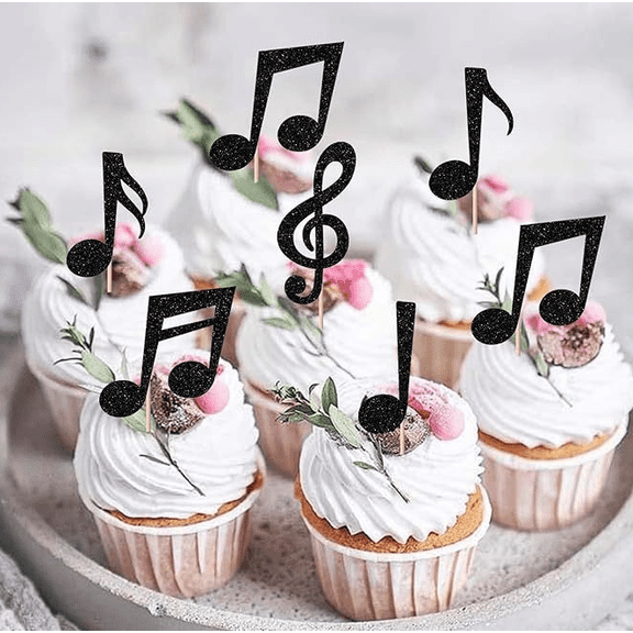 14Pcs Black Glitter Music Note Cupcake Toppers Treble Clef Musical Symbol Cake Picks Musician Band Concert Recital Birthday Graduation Party Cupcake Muffin Decorations