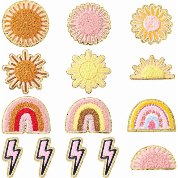 14Pcs Boho Sun Rainbow Iron on Patches 14 Styles Sun Chenille Patches Rainbow Sunshine Aesthetic Sew on Embroidery Patches Lightning Applique