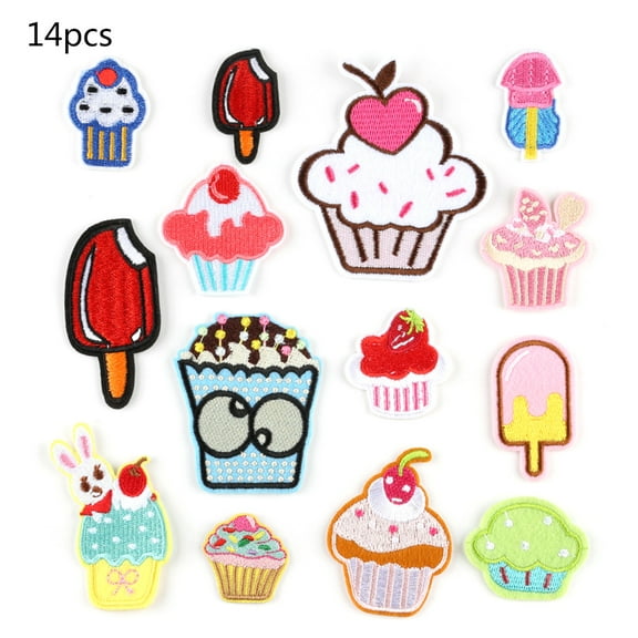 14Pcs Cartoon Cupcake Desserts Cloth Patches Iron On Kids Embroidered Decorative Sewing Applique for Clothes Bag DIY