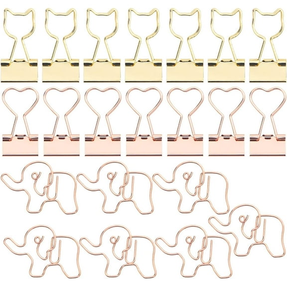 14Pcs Cat Heart Iron Binder Clips 7Pcs Elephant Paper Clip Clamps with Long Tail Hollow Out Design Small Metal Bookmark Paperclip Golden Rose Gold