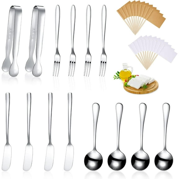 14Pcs Cheese Butter Spreader Knives Set Charcuterie Accessories Stainless Steel Spreader Knives Charcuterie Boards Utensils Mini Serving Tongs Spoons and Forks for Appetizers Pastry Silver