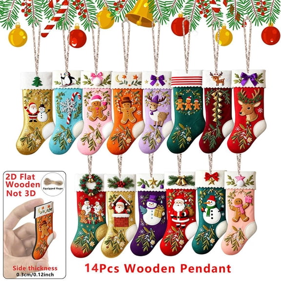 14Pcs Christmas Sock Ornament,2D Flat Funny Wooden Socks Design Christmas Tree Ornaments,Sock Shape C-hristmas Tree Wooden Hanging Ornaments,for Xmas T-Ree Holiday Indoor Decor