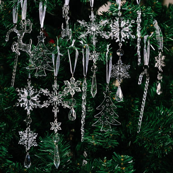 14Pcs Crystal Christmas Ornaments, Acrylic Hanging Snowflake Decorations Glass Icicle Ornaments for Christmas Tree Winter New Year Party Decor, Xmas Tree Decorations Supplies