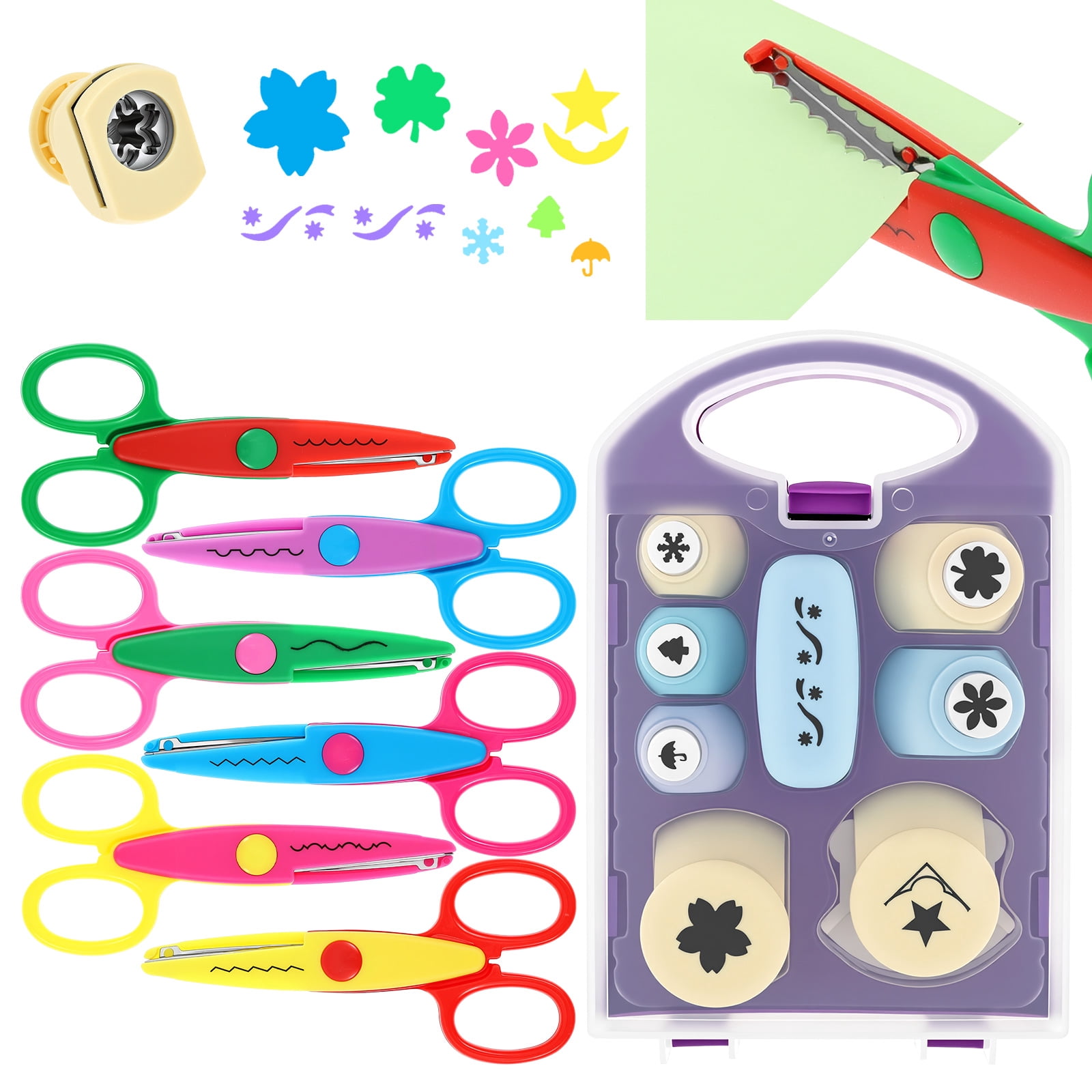 14Pcs DIY Craft Scissors Set, 6 Scissors with Fun Decorative Edge - 8 Paper Hole Punch Shapes , Include Safety Scissors & Hole Punch Shapes, Paper Punches for Crafting, Scrapbooking