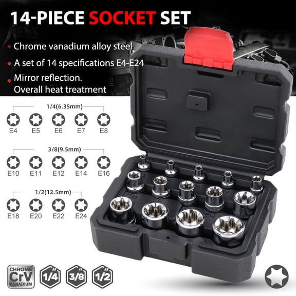 14Pcs E Type Torx Star Female Bit Socket Set Wrench Sockets E4-E24 Repair Tools