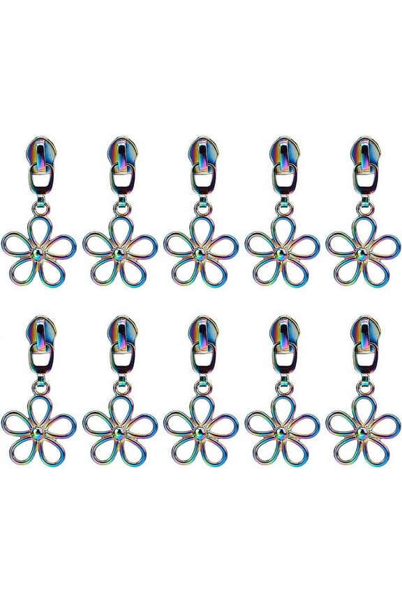 14Pcs Floral Metal Rainbow Zipper Sliders Charms Alloy Colored Zipper Pull Tabs Repair Kit for Purse Handbag Making Craft Sewing DIY Tailor