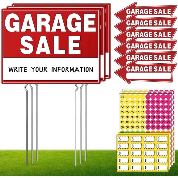 14Pcs Garage Sale Signs,17" x 13",Garage Sale Arrows Yard Sign Double Sided with Metal Stake, Sale Pricing Stickers,Directional Arrows & Fluorescent Neon Stickers, Yard Sale Supplies