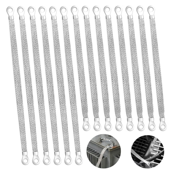 "14Pcs Ground Straps, 10/12 Inch Engine Universal Automotive Grounding Cable Straps Kit with Ring Terminals Flat Braided Copper Tinned Copper Ground Wire for Most Cars(Silver) "
