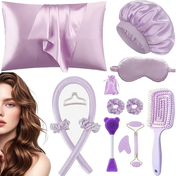 14Pcs Heatless Curls Overnight Set with Pillowcase, Shower Cap, Eye Mask, Hair Tools & Massager, No Heat Hair Curlers Set with Scrunchies and Clips