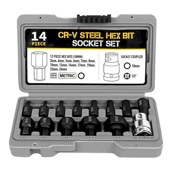 14Pcs Hexagon Bit Socket Set 3-24mm Allen Key Hex Wrench Head Tool For Ratchet 1/2 inch Drive Screw Driver