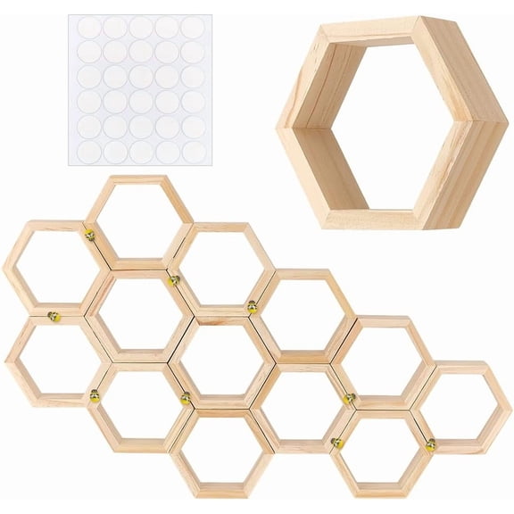 14Pcs Honeycomb Cupcake Display Stand Farmhouse Hexagonal Floating Table Sign with 50Pcs Tiny Wooden Bee 30Pcs Double Sided