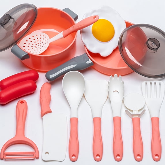 14Pcs Kitchen Playset, Toddler Pretend Cooking Play Pots, Pans, Utensils Cookware, Daily Food Fruit Veges, Shopping Storage Basket, Dessert, Prop Money, Learning Gift for Child