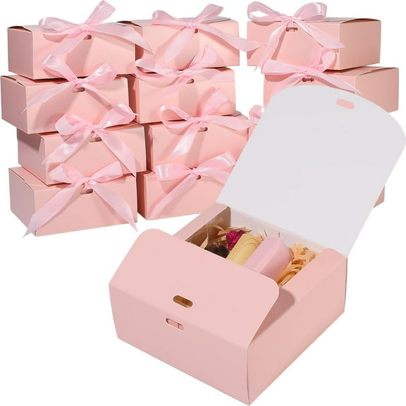 14Pcs Pink Treat Boxes 4.3x4.3x2 Inch Paper Cardboard Fold Gift Box Square with Ribbon Wedding Birthday Party Favor