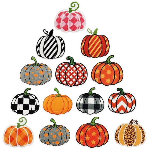 14Pcs Pumpkin Iron on Patches Fall Thanksgiving Sew on Repair Embroidered Applique Autumn Harvest Halloween DIY Craft Accessories Gifts for Clothing Backpack Hat