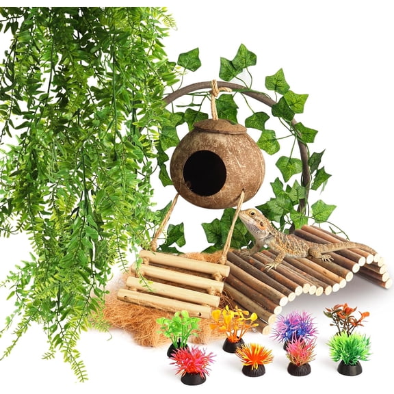 14Pcs Reptile Plants Bridge Vines Leopard Gecko Coconut Hut Crested Gecko Tank Accessories Lizard Coco Den with Ladder for Lizard, Chameleon Cage, Snakes, Hermit Crab