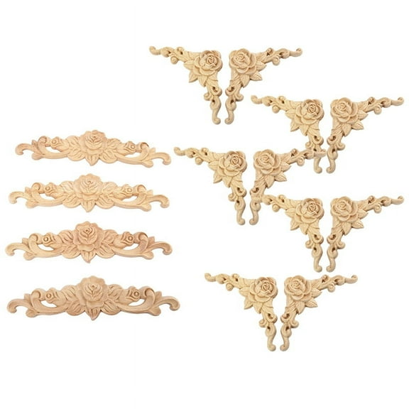 14Pcs Rubber Wood Carved Long Onlay Applique Unpainted Flower Door Home Decor - 10Pcs 8X8Cm & 4Pcs 20X5Cm