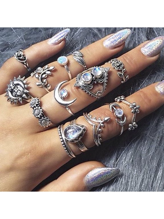 14Pcs/Set Boho Stack Crystal Flower Moon Sun Knuckle Ring Midi Finger Rings T AL
