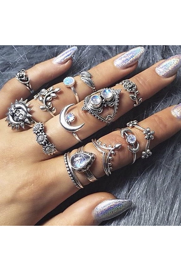 14Pcs/Set Boho Stack Crystal Flower Moon Sun Knuckle Ring Midi Finger Rings T AL
