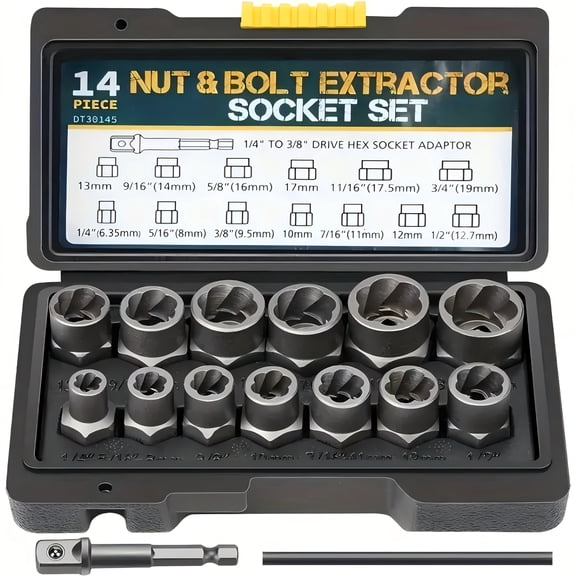 14pcs/set Nut Extractor, Includes Bolts And Nut Removers, an Bar (If The Nut Is Still Stuck In The Sleeve When Removing It, Use It to Knock It Out), an 1/4 '' to 3/8 "drive Hexagonal Socket Adapter