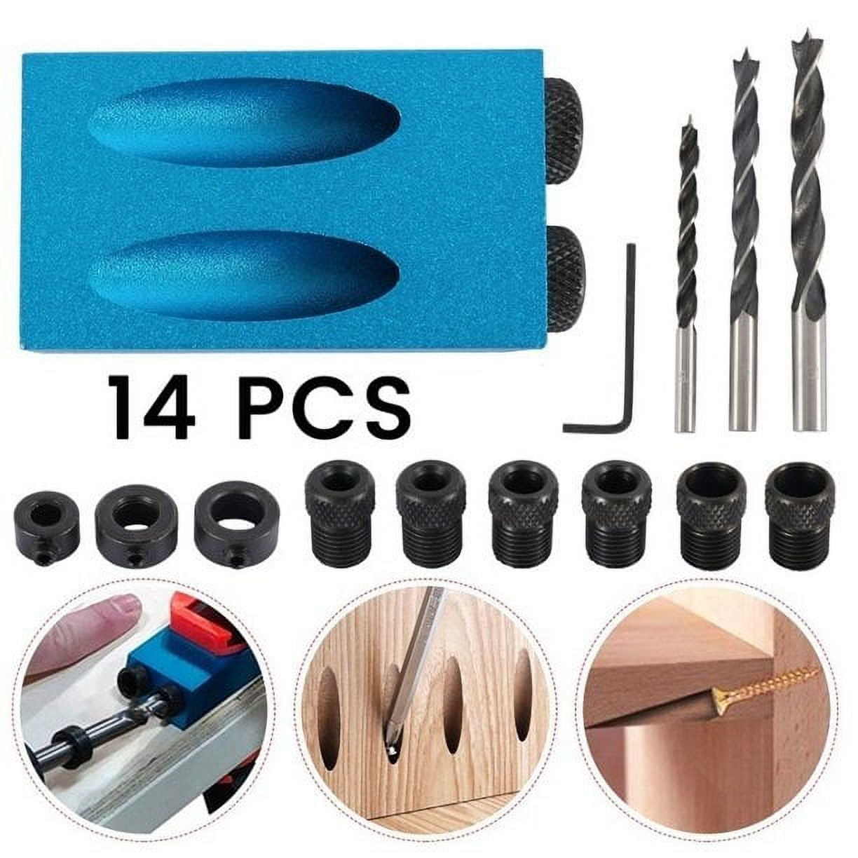 14Pcs/Set Pocket Hole Screw Jig Dowel Drill Joinery Kit, 6/8/10mm Drive Adapter for Woodworking Angle Drilling Holes, 15 Degree Woodwork Guides Joint Angle Locator Tool