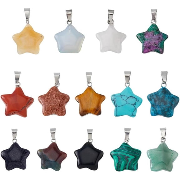 14Pcs Star Stone Pendant 14mm Natural Gemstone Pendant Colourful Pentagram Charms with Platinum Tone Brass Loops for DIY Jewelry Necklace Making Crafts