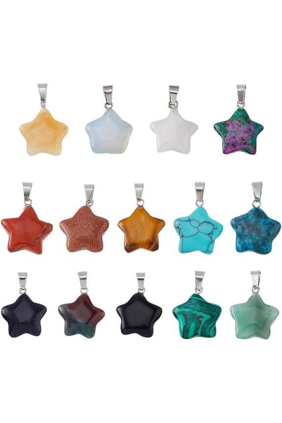 14Pcs Star Stone Pendant 14mm Natural Gemstone Pendant Colourful Pentagram Charms with Platinum Tone Brass Loops for DIY Jewelry Necklace Making Crafts