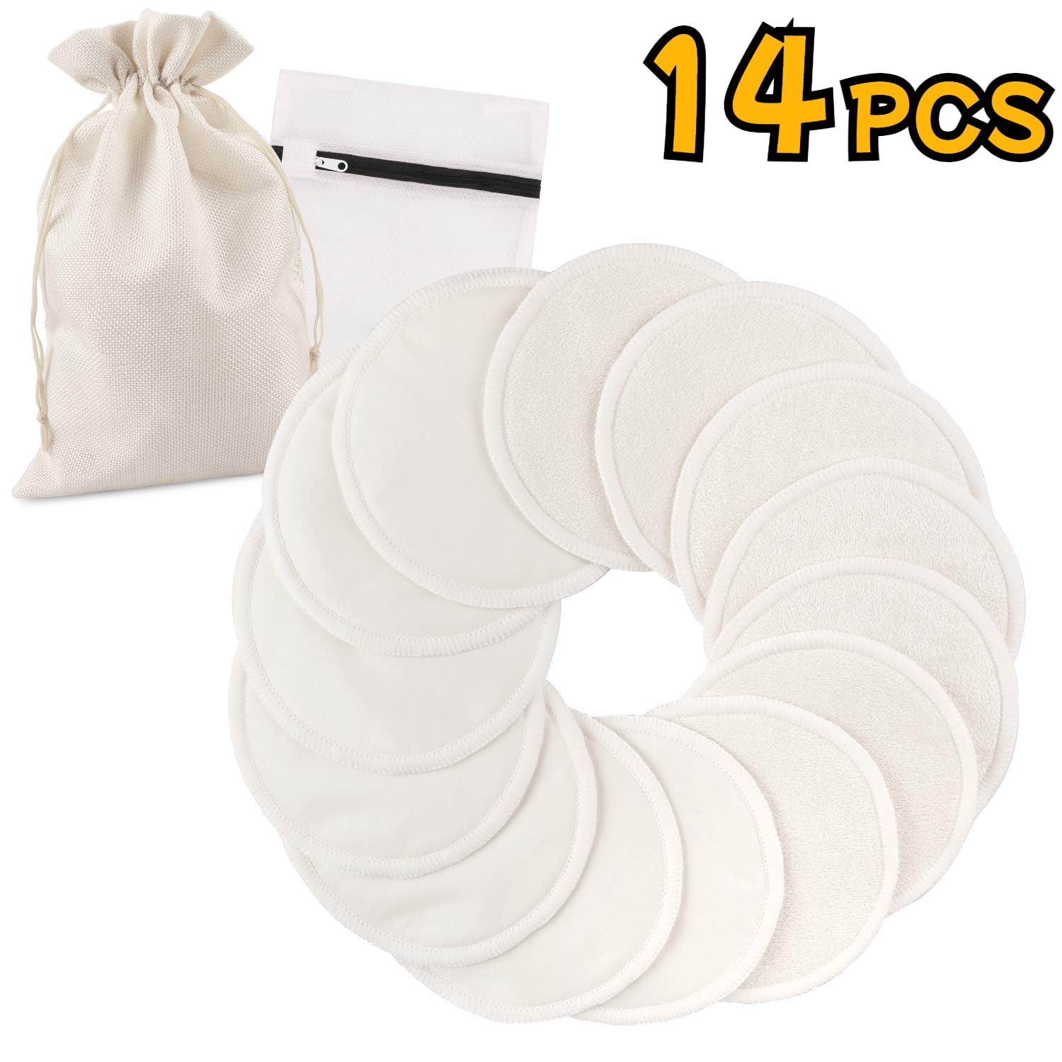 14Pcs Washable Nursing Pads, Reusable Organic Bamboo Breast Pads with Laundry Bag & Storage Bag - Soft, Absorbent, Hypoallergenic, Eco Pads for Breastfeeding