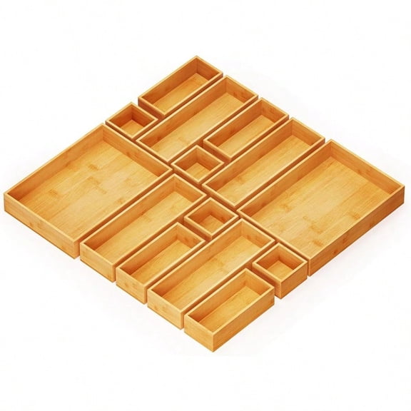 14Piece Bamboo Drawer Organizer Storage Boxes Set Wood Tray Junk Drawer Organizers MultiUse Divider Bins For Kitchen Bathroom Office Desk And Makeup Organization 14 Pack Natural