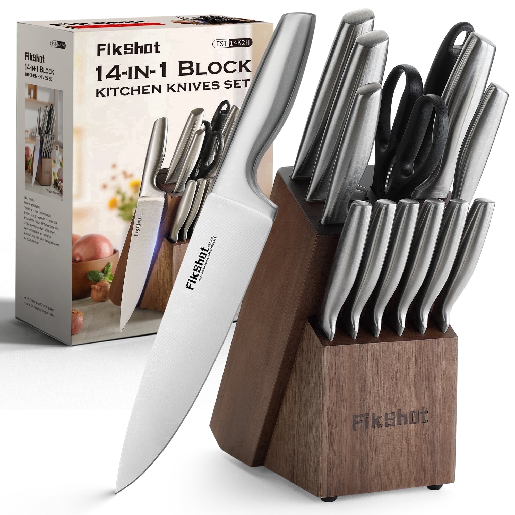 14Pieces High Carbon Steel Kitchen Knife Set with Wood Block & Sharpener, Rust-Resistant Professional Chef Knives for Cooking, Grilling & Gifting