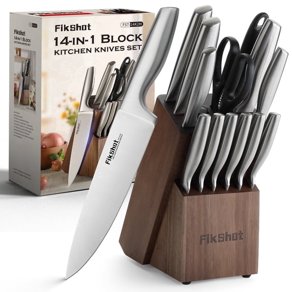14Pieces High Carbon Steel Kitchen Knife Set with Wood Block & Sharpener, Rust-Resistant Professional Chef Knives for Cooking, Grilling & Gifting