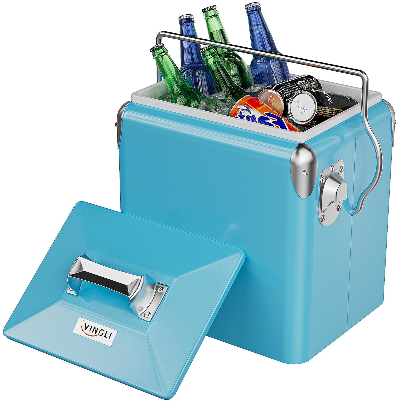 14QT Small Insulated Portable Cooler, Retro Vintage Hard Metal Cooler for BBQ, Camping, Fishing, Picnic, Outdoor Activities