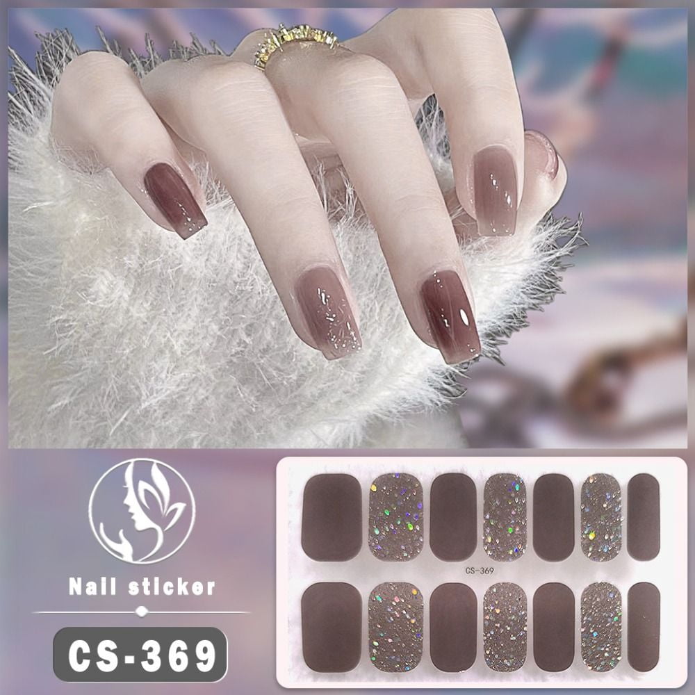 14Tips Semi Cured Gel Nail Stickers Foil Glittering Nail Art Stickers Self-Adhesive Simple Gel Full Nail Wraps