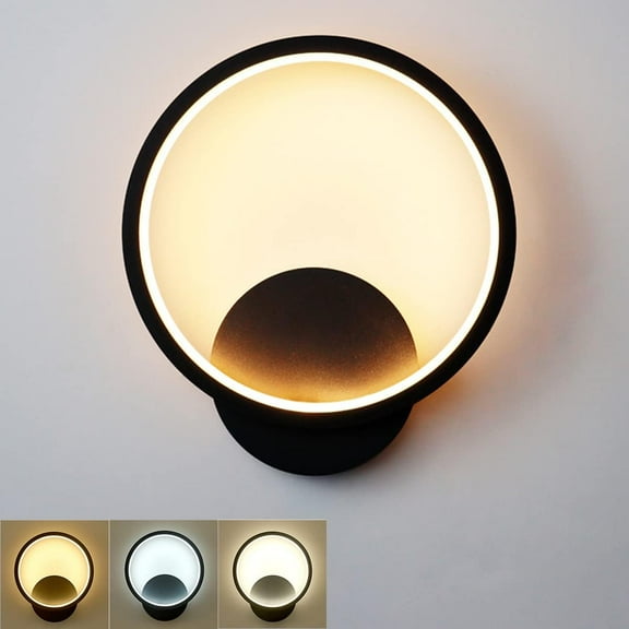 14W LED Indoor Wall Light, Round Black Design Wall Sconce, Warm White Natural White Cold White Three Lighting Modes, Wall Lamp for Bedroom Living Room Stair Hallway