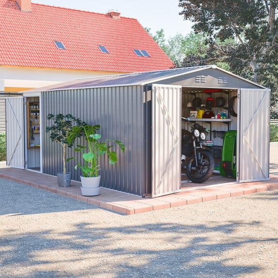 14X10FT Outdoor Steel Storage Shed with 3 Lockable Door, Utility Garden Shed with 4 Air Vents and Sloped Roof, Weather Resistant Organization for Garden, Lawn, Gray