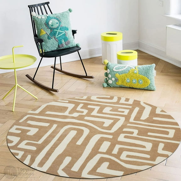 14X14 Area Rug, Beige Wool, Bed, Living room, Round Carpet, Geometric Design, Tufted Rugs