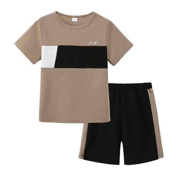 14Y Big Boys Clothes 15Y Boys 2PCS Summer Outfits Set Crew Neck Big Boys Short Sleeve Color-blocked Top Shorts Set Khaki