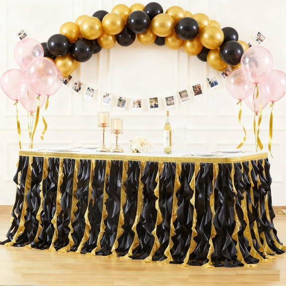 14ft Black Gold Sequin Tutu Table Skirt for Rectangle Tables Glitter Curly Willow Table Skirting Ruffle Table Cloth Desk Skirts for 50th Birthday Graduation Prom Theme Party Decorations